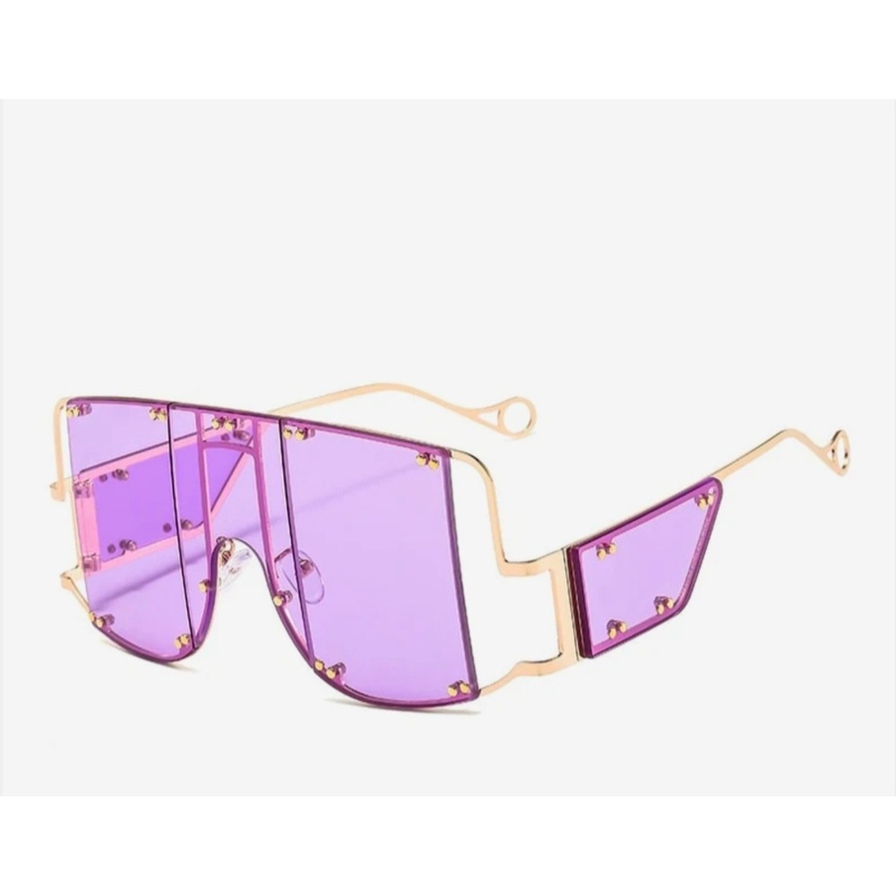 Oversized Shield Sunglasses Womens OS Purple NEW Gold Metal Rivet UV400 Square